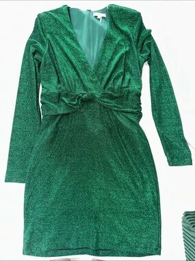 Emerald Green Sparkle Twist-Waist Long Sleeve Cocktail Dress